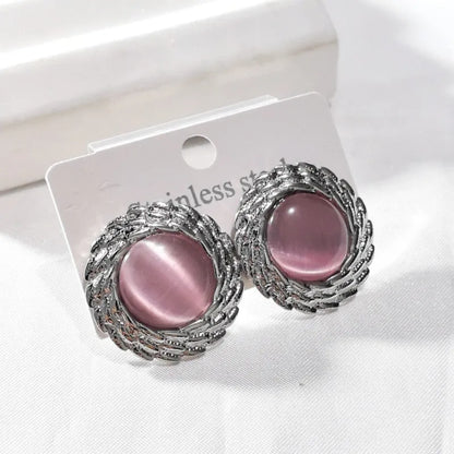 Σκουλαρίκια ατσάλι με ροζ πέτρα-EA441