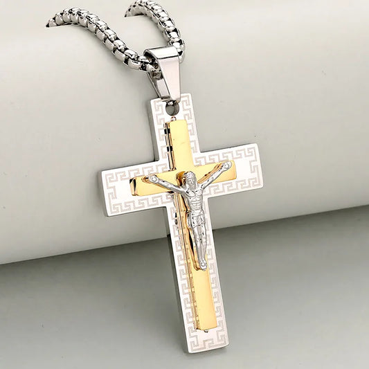 Κολιέ επιχρυσωμένο ατσάλι σταυρός-NE543
