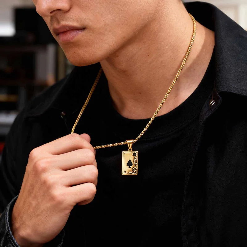 Κολιέ ατσάλι χρυσή τράπουλα-NE501