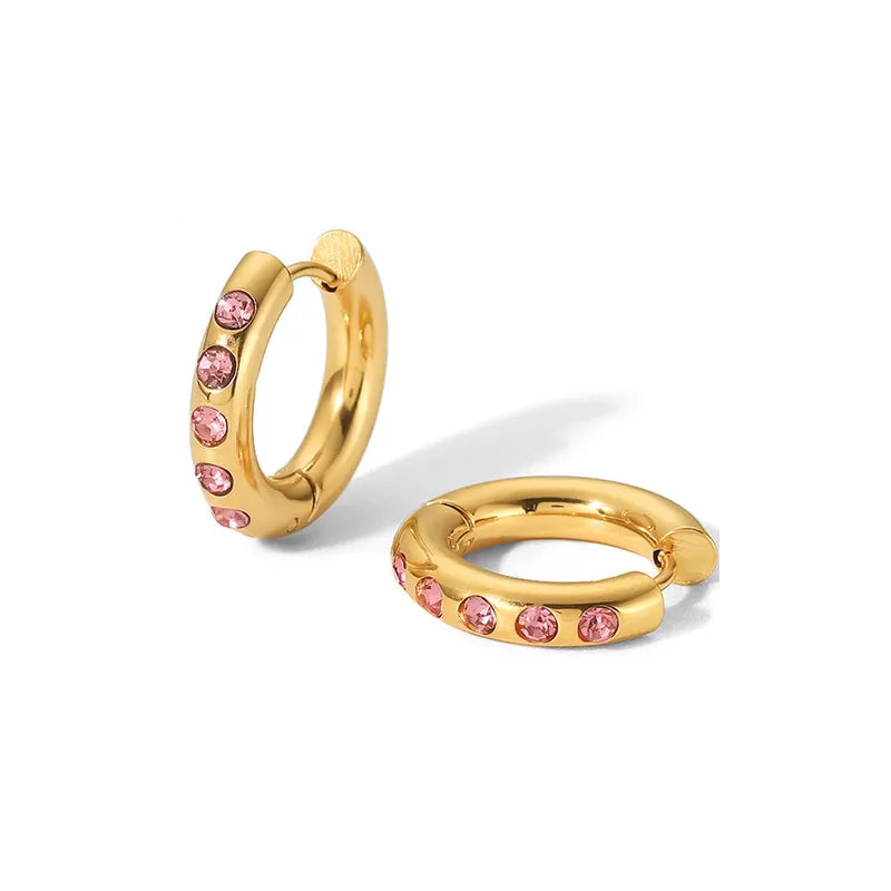 Σκουλαρίκια επιχρυσωμένο ατσάλι κρίκοι με ροζ zircon-EA514