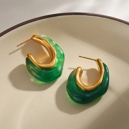 Σκουλαρίκια επιχρυσωμένο ατσάλι κρίκοι με ρητίνη πράσινη - EA163