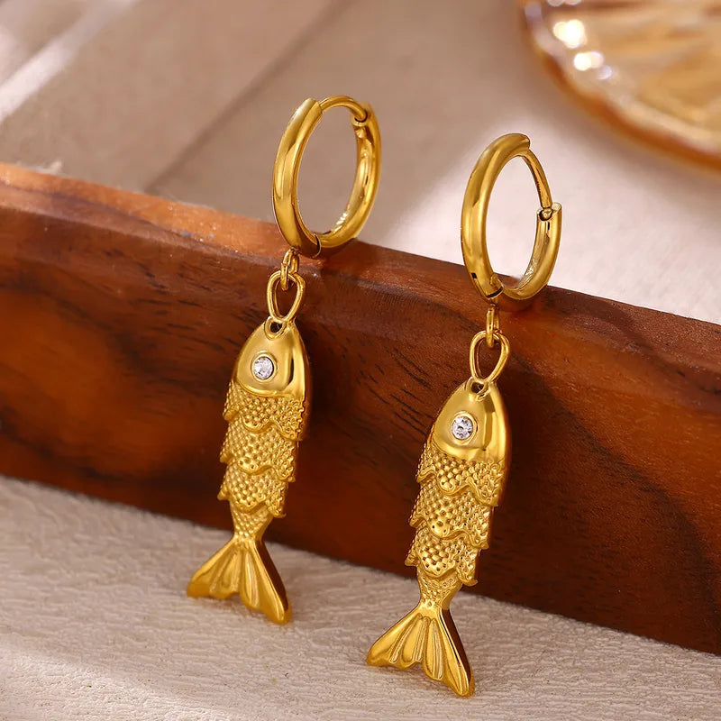 Steel fish earrings with rhinestone eye - EA747