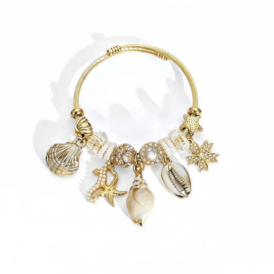 Βραχιόλι ατσάλινο bangle χρυσό με λευκά καλοκαιρινά charms- BR260