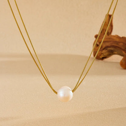 Stahlhalskette mit Doppelkette und Perle – NE544