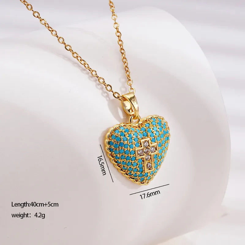 Gold necklace with blue beads and heart cross - NE386
