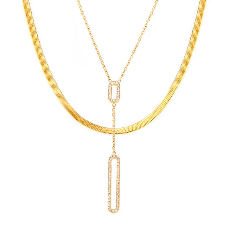 Collier double pendentif acier doré - NE783