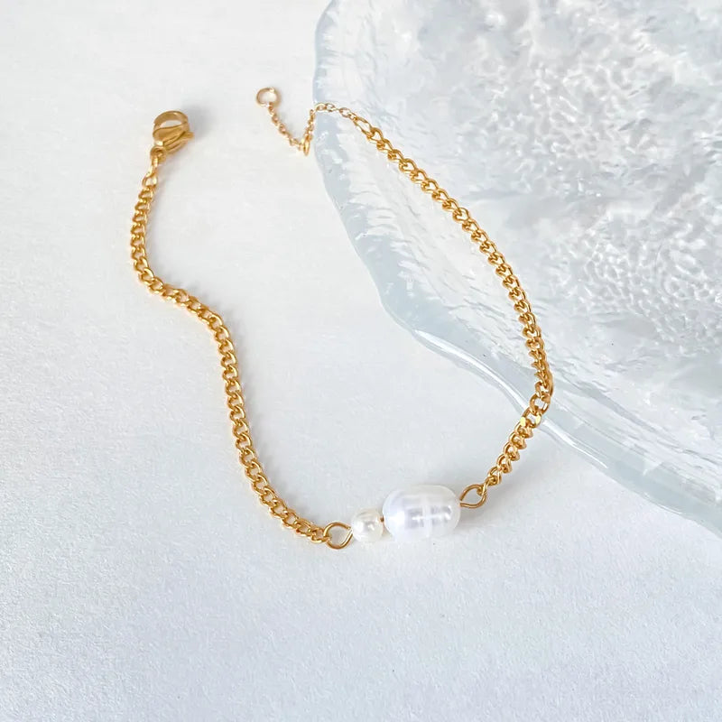 Βραχιόλι χρυσό ατσάλι αλυσίδα με περλίτσα - BR348