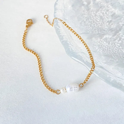 Βραχιόλι χρυσό ατσάλι αλυσίδα με περλίτσα - BR348