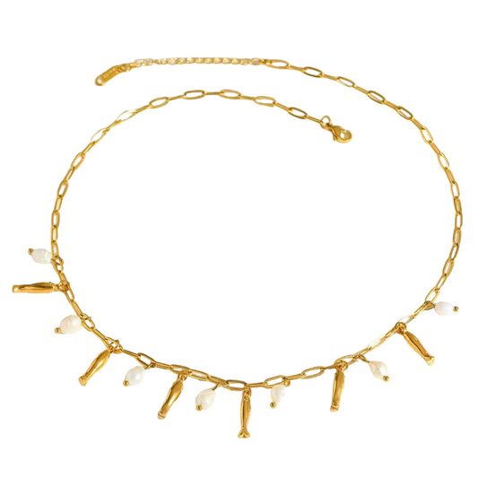 Κολιέ ατσάλινο με ψαράκια και μαργαριτάρια - NE174