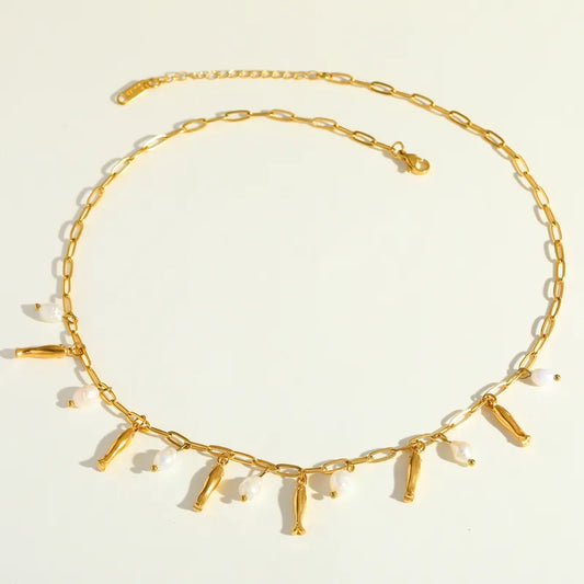 Κολιέ ατσάλινο με ψαράκια και μαργαριτάρια - NE174