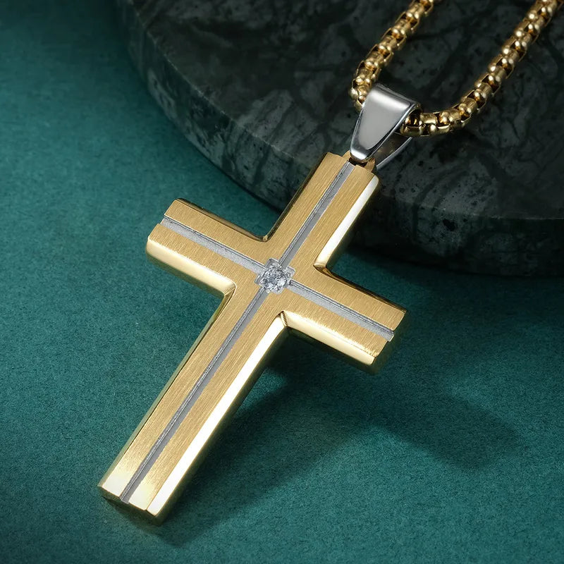 Κολιέ χρυσό ατσάλι σταυρός με στρας-NE552