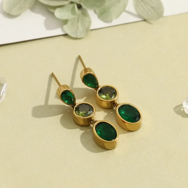 Σκουλαρίκια επιχρυσωμένο ατσάλι με πράσινο zircon-EA228