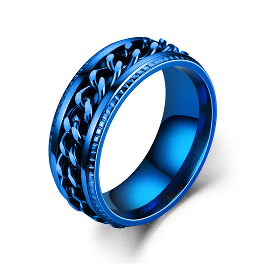Black steel ring with blue chain - r081