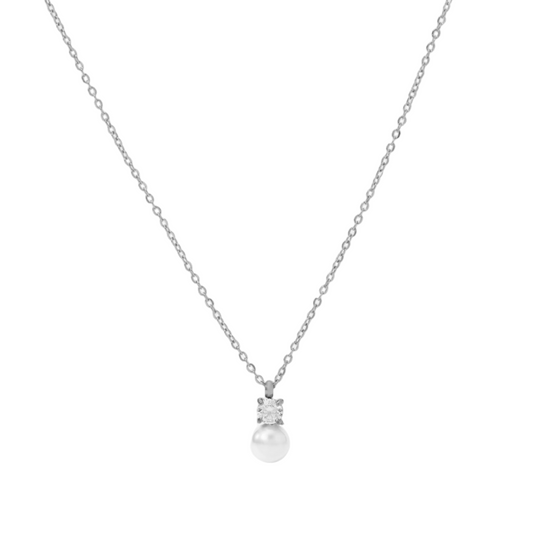 Κολιέ ατσάλι με zircon και πέρλα-NE516