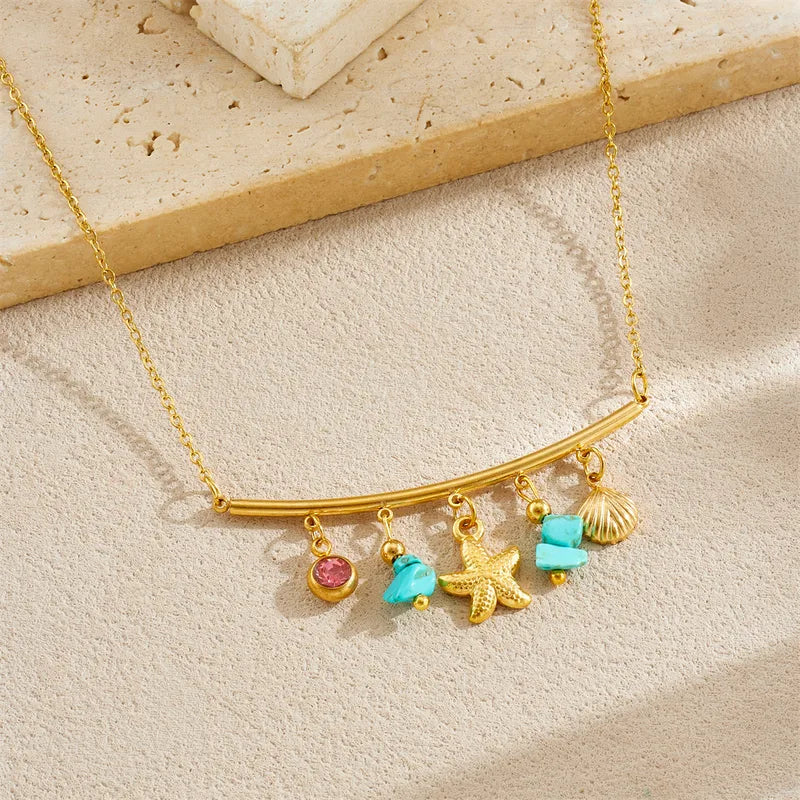 Collier en acier avec étoiles de mer et pierres - NE611