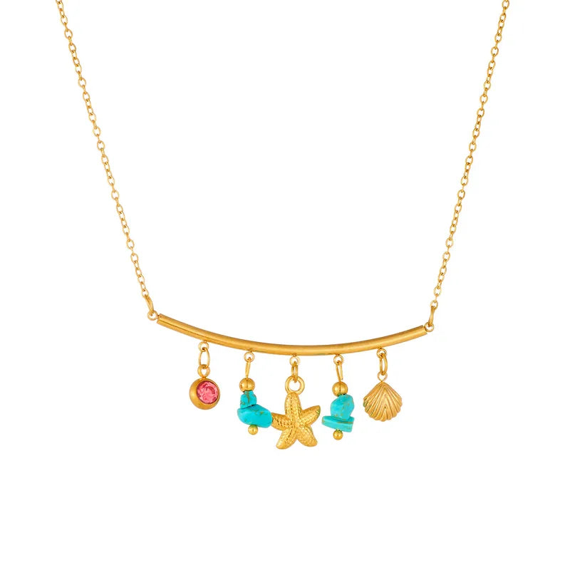 Collier en acier avec étoiles de mer et pierres - NE611