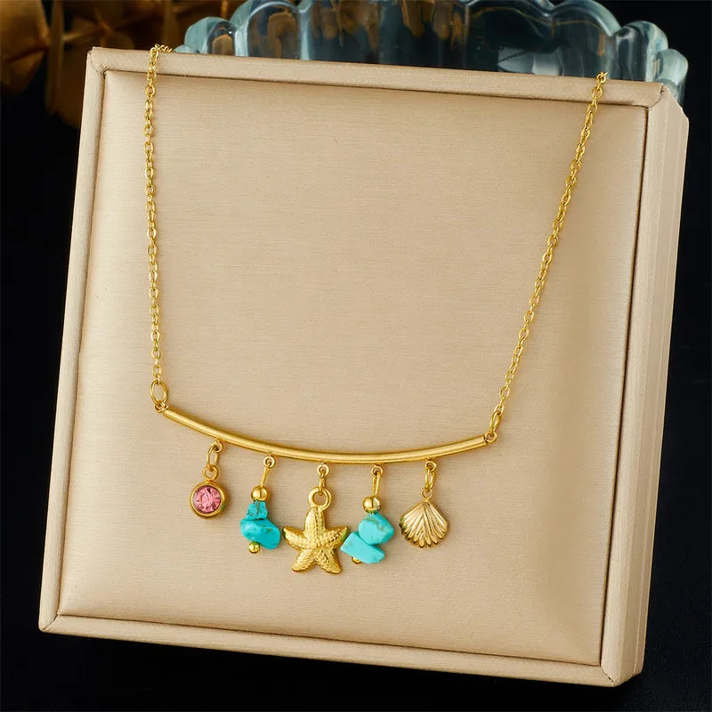 Collier en acier avec étoiles de mer et pierres - NE611