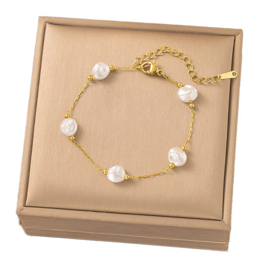 Βραχιόλι ατσάλι με επίπεδες πέρλες-BR150