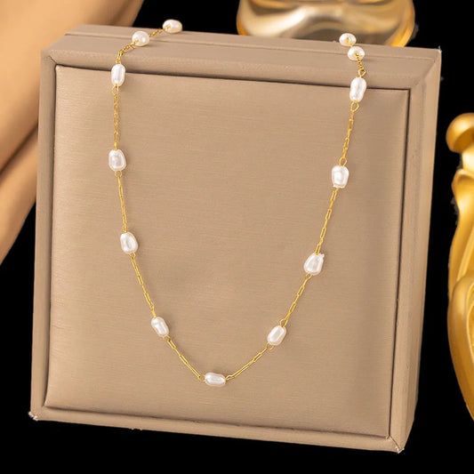 Colier din otel auriu cu perle-NE499