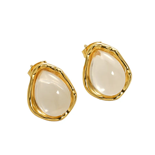 Golden steel earrings with white resin tear-ea210