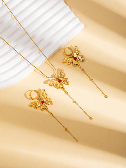 steel set with necklaces and earrings with gold butterflies - Set 069