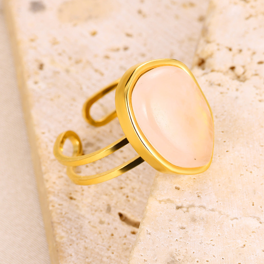 Inel din oțel auriu deschis cu piatră roz-R074