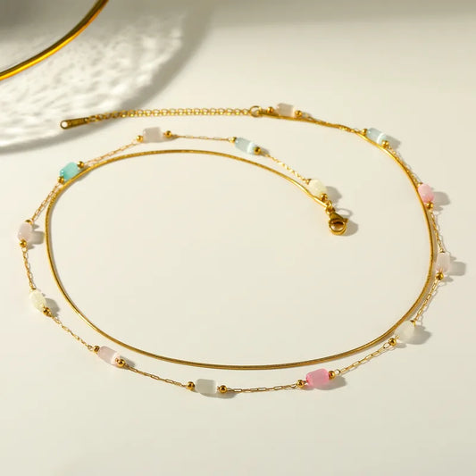 Κολιέ ατσάλινο με διπλή αλυσίδα και πέτρες - ne431