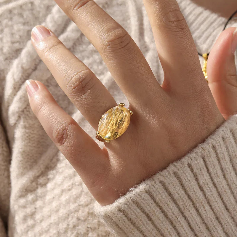 Inel din oțel placat cu aur cu piatră galbenă - R093