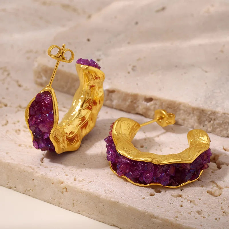 Σκουλαρίκια ατσάλινα με μωβ πέτρες- w584