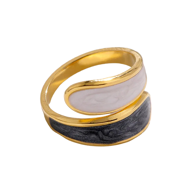 Black and white ring open with enamel-r179