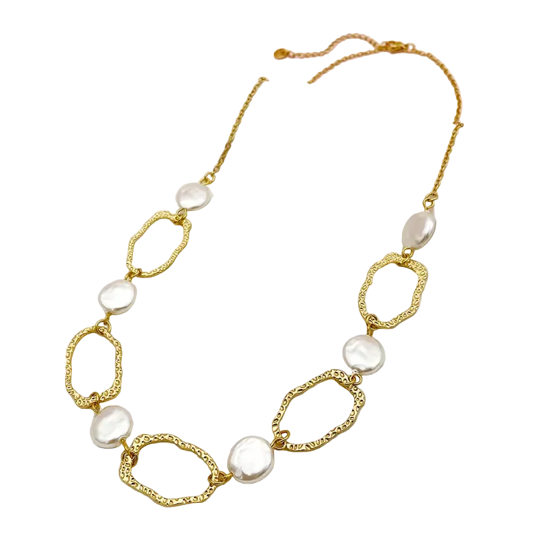 Κολιέ επιχρυσωμένο ατσάλι με φλατ πέρλες-NE454