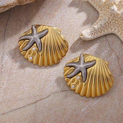 Σκουλαρίκια επιχρυσωμένο ατσάλι με κοχύλια και αστερίες - EA787