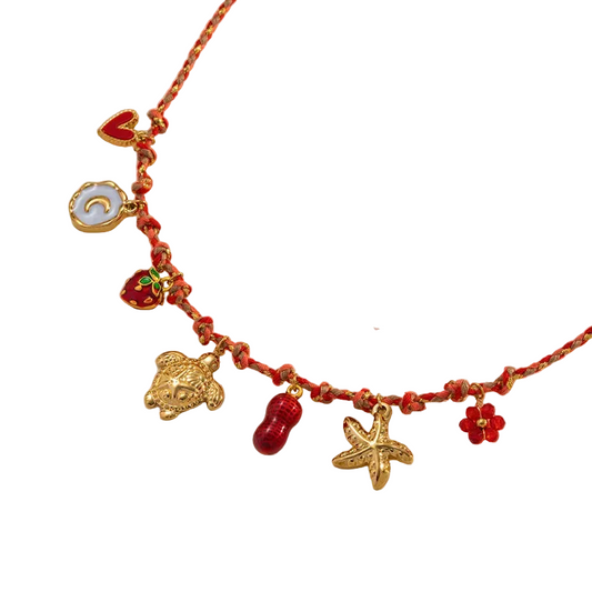 Κολιέ επιχρυσωμένο ατσάλι με καλοκαιρινά κόκκινα σχέδια - NE660