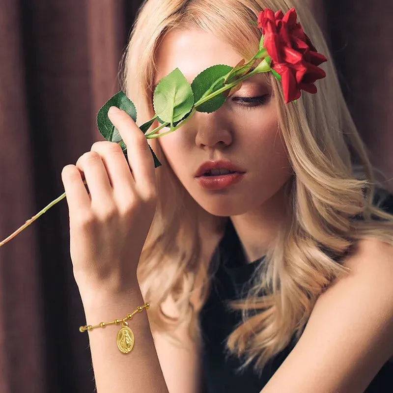 Βραχιόλι επιχρυσωμένο ατσάλι με εικόνα και σταυρό -BR276