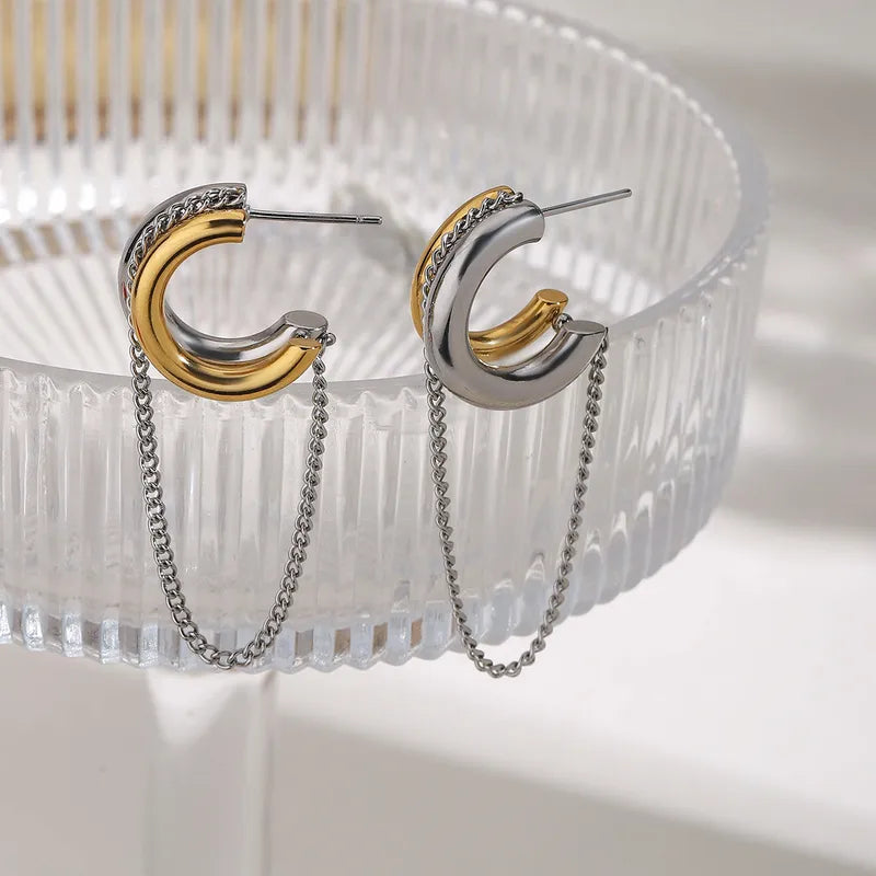 Earrings steel rings with chain-ea275