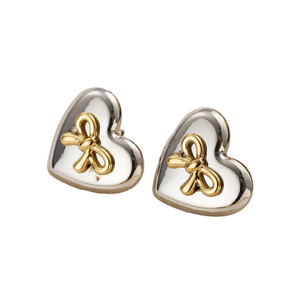Σκουλαρίκια ατσάλι καρδιά με χρυσό φιόγκο-EA392