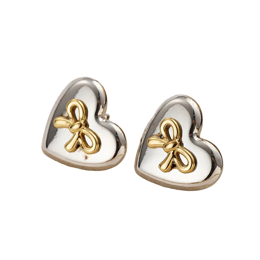 Σκουλαρίκια ατσάλι καρδιά με χρυσό φιόγκο-EA392