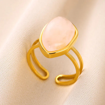 Inel din oțel auriu deschis cu piatră roz-R074