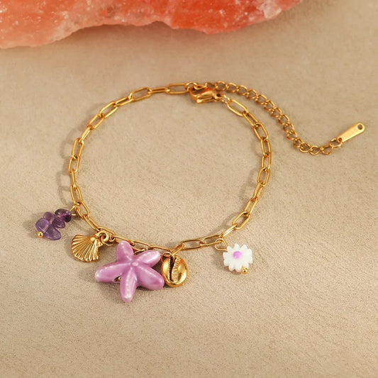 Βραχιόλι ατσάλινο με μωβ αστερία-BR171