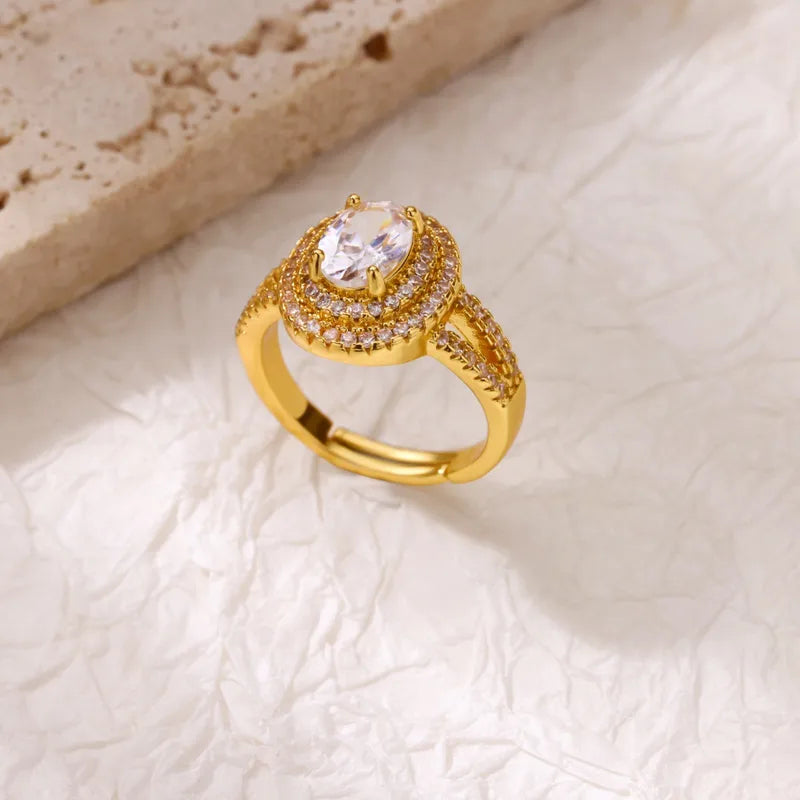 Ring gold steel with large rhinestones-r114