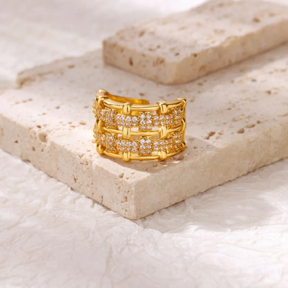 Δαχτυλίδι χρυσό ατσάλι με διπλή σειρά στρας- R259