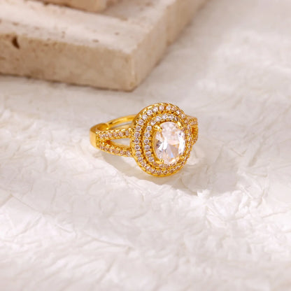 Ring gold steel with large rhinestones-r114