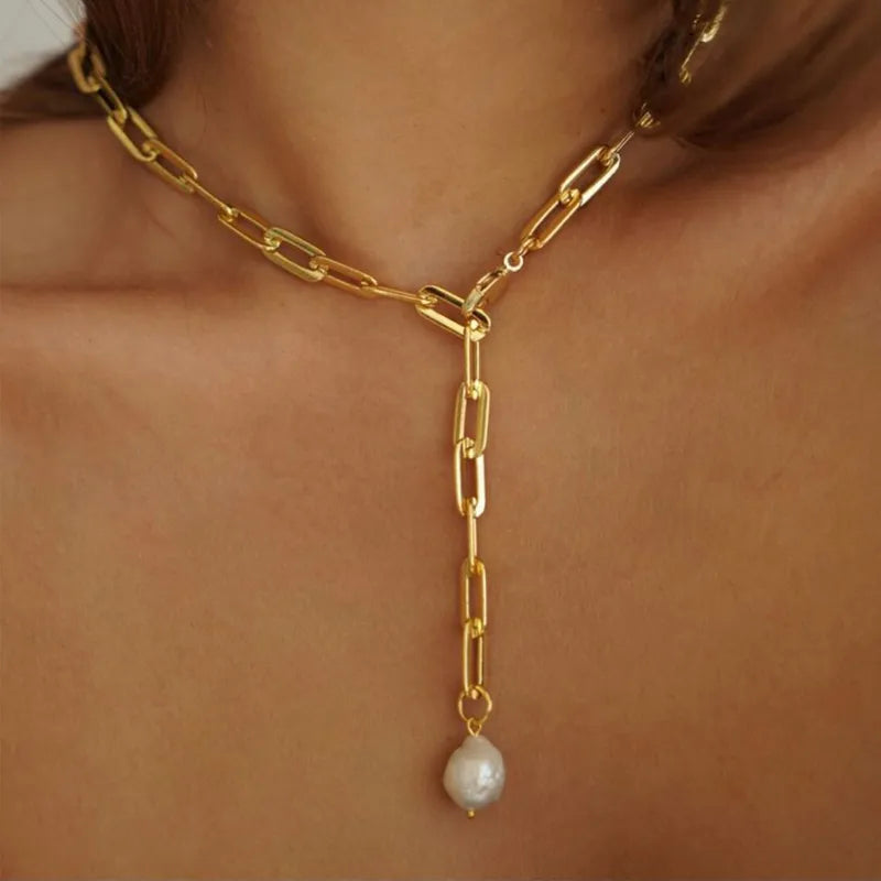 Κολιέ επιχρυσωμένο ατσάλι με αλυσίδα και πέρλα-NE472