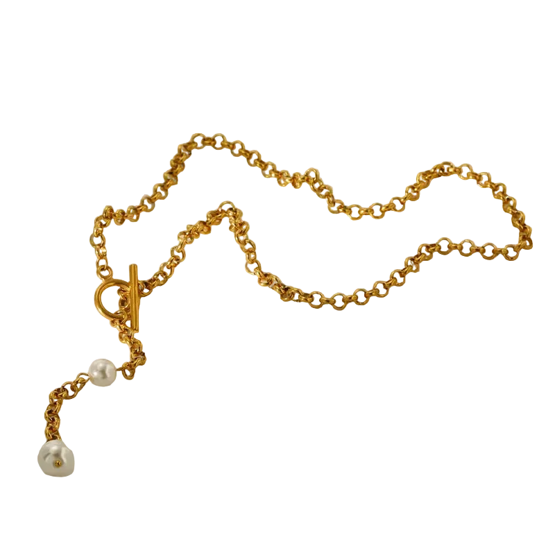 Κολιέ επιχρυσωμένο ατσάλι με αλυσίδα και πέρλες-NE473