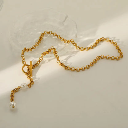 Κολιέ επιχρυσωμένο ατσάλι με αλυσίδα και πέρλες-NE473