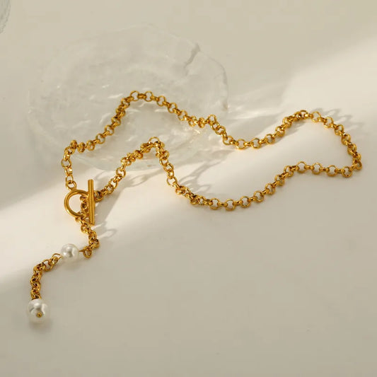 Κολιέ επιχρυσωμένο ατσάλι με αλυσίδα και πέρλες-NE473