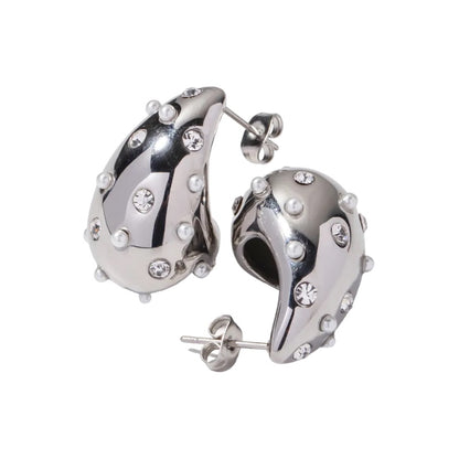 Pendientes de acero plateado con circonitas y perlas en forma de lágrima - ea223