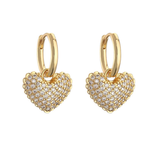 Earrings golden copper rings and hearts with zircon-ea377