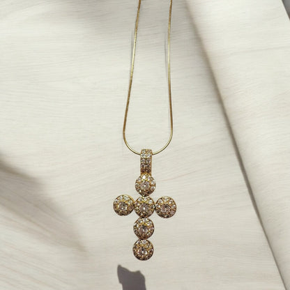 Steel Gold Necklace with Pendant Cross full of Zircon - NE009