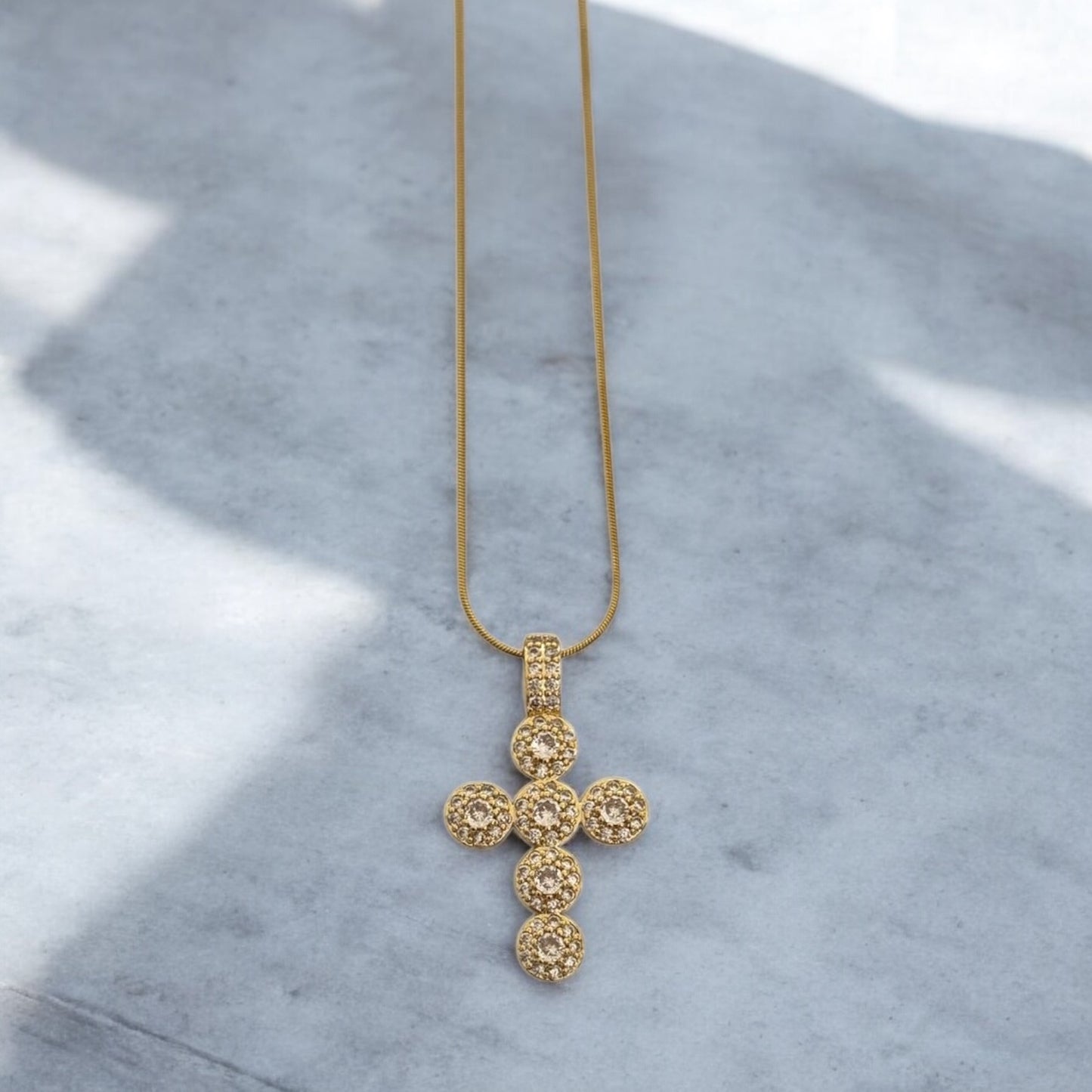 Steel Gold Necklace with Pendant Cross full of Zircon - NE009